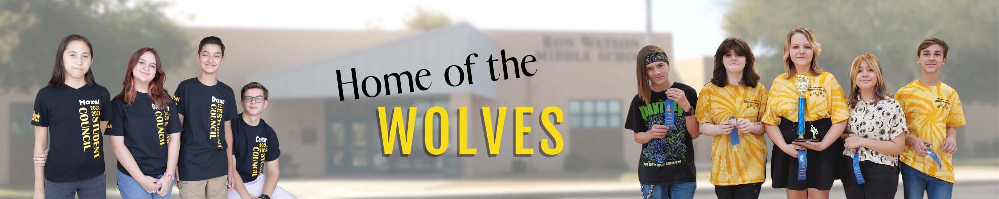 Students in school shirts and graphic that says Home of the Wolves